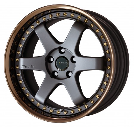 [18 INCH] MATT GUNMETAL [MGM] CENTRE DISK, GLOSS BRONZE ANODIZED FLAT RIM WITH GOLD RIVETS - WITH OPTIONAL CAP